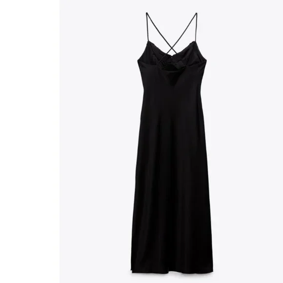 ZARA BLACK SATIN LACE V NECK CROSSED BACK MAXI DRESS - Picture 4 of 4